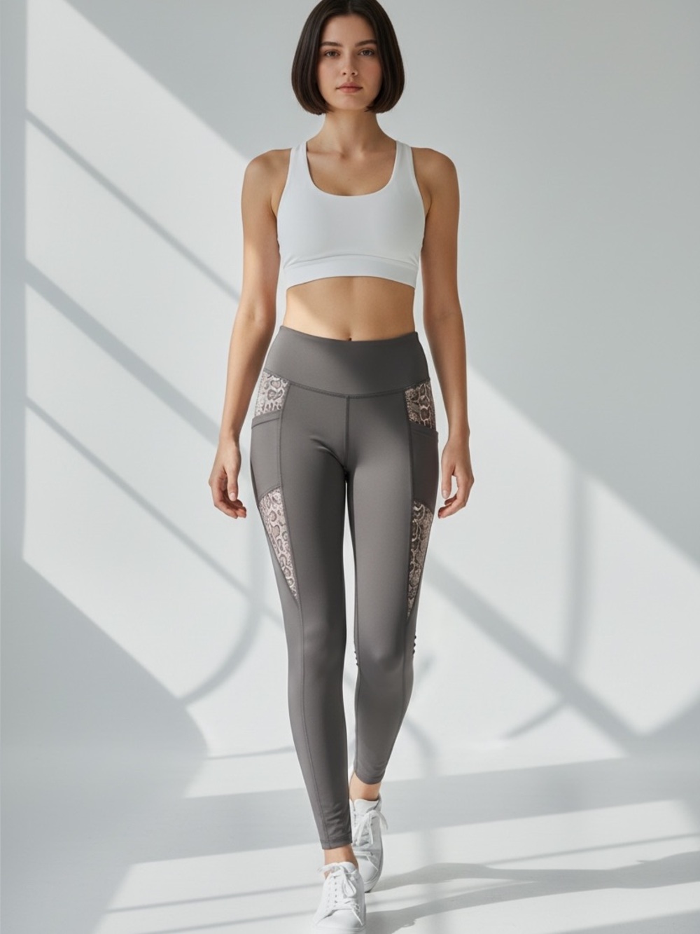 High-Rise Gray Lace-Panel Leggings
